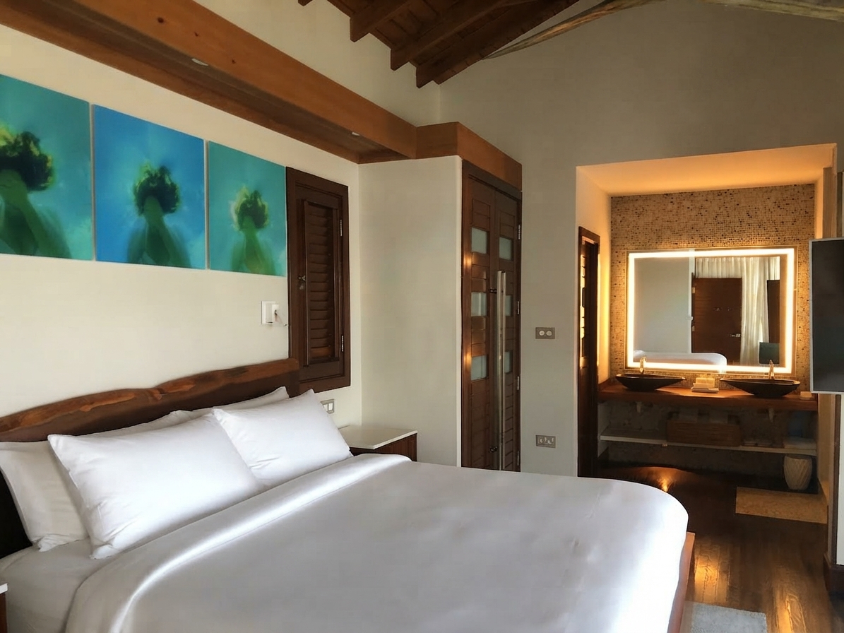 Overwater Honeymoon Butler Bungalow (OWB) bedroom at Sandals Grande St. Lucian with king bed, vaulted ceiling, and ensuite bathroom