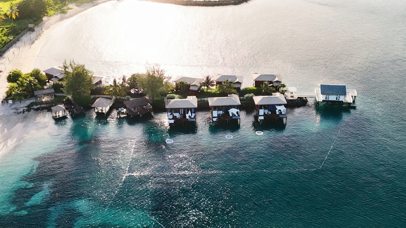 Aerial view of the Overwater Honeymoon Butler Bungalows (OWB) at Sandals Grande St. Lucian, overwater bungalows in the Caribbean