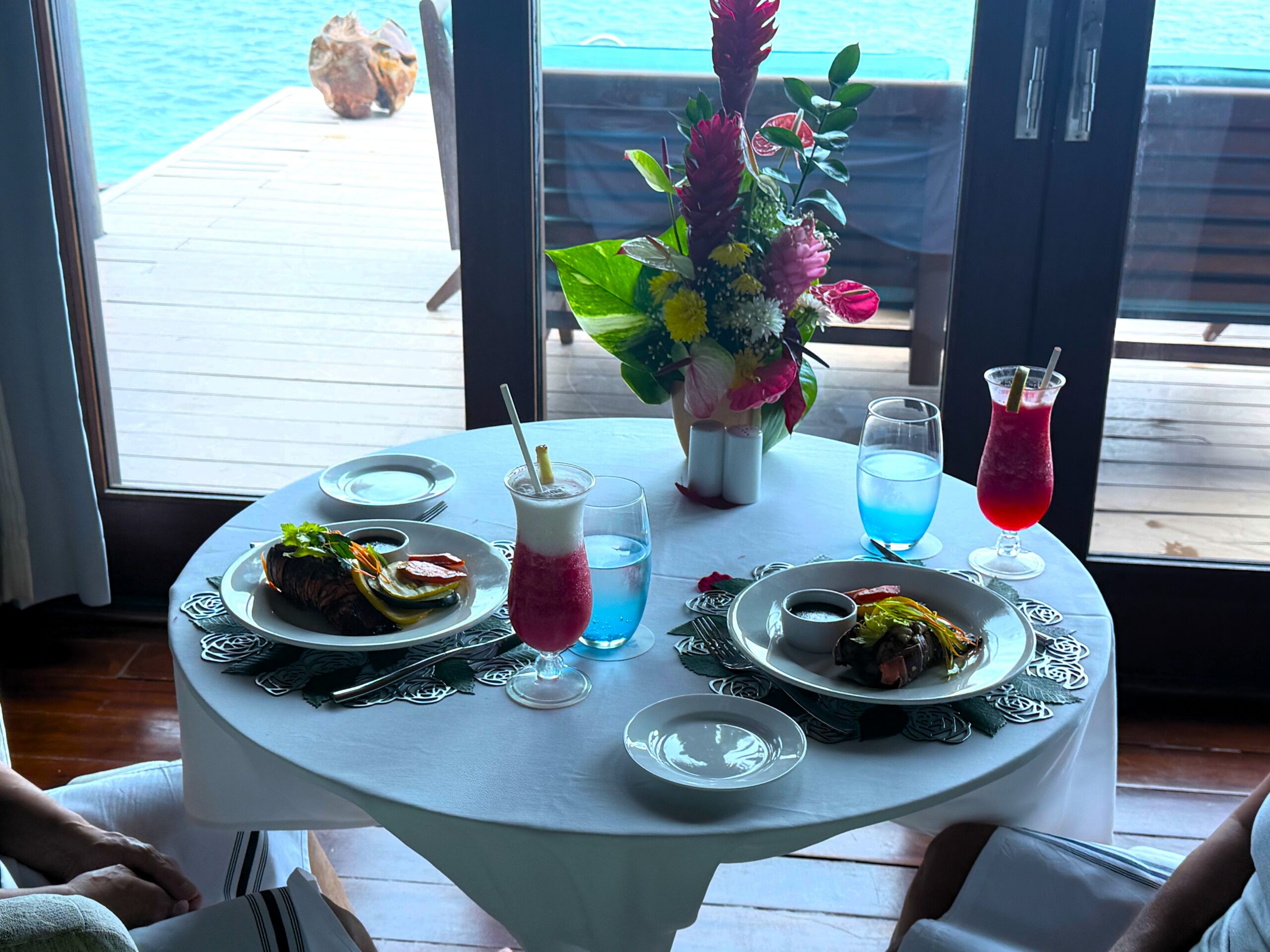 In-villa butler-served dinner at the Overwater Private Island Butler Villa (OWV) at Sandals Caribbean Cay