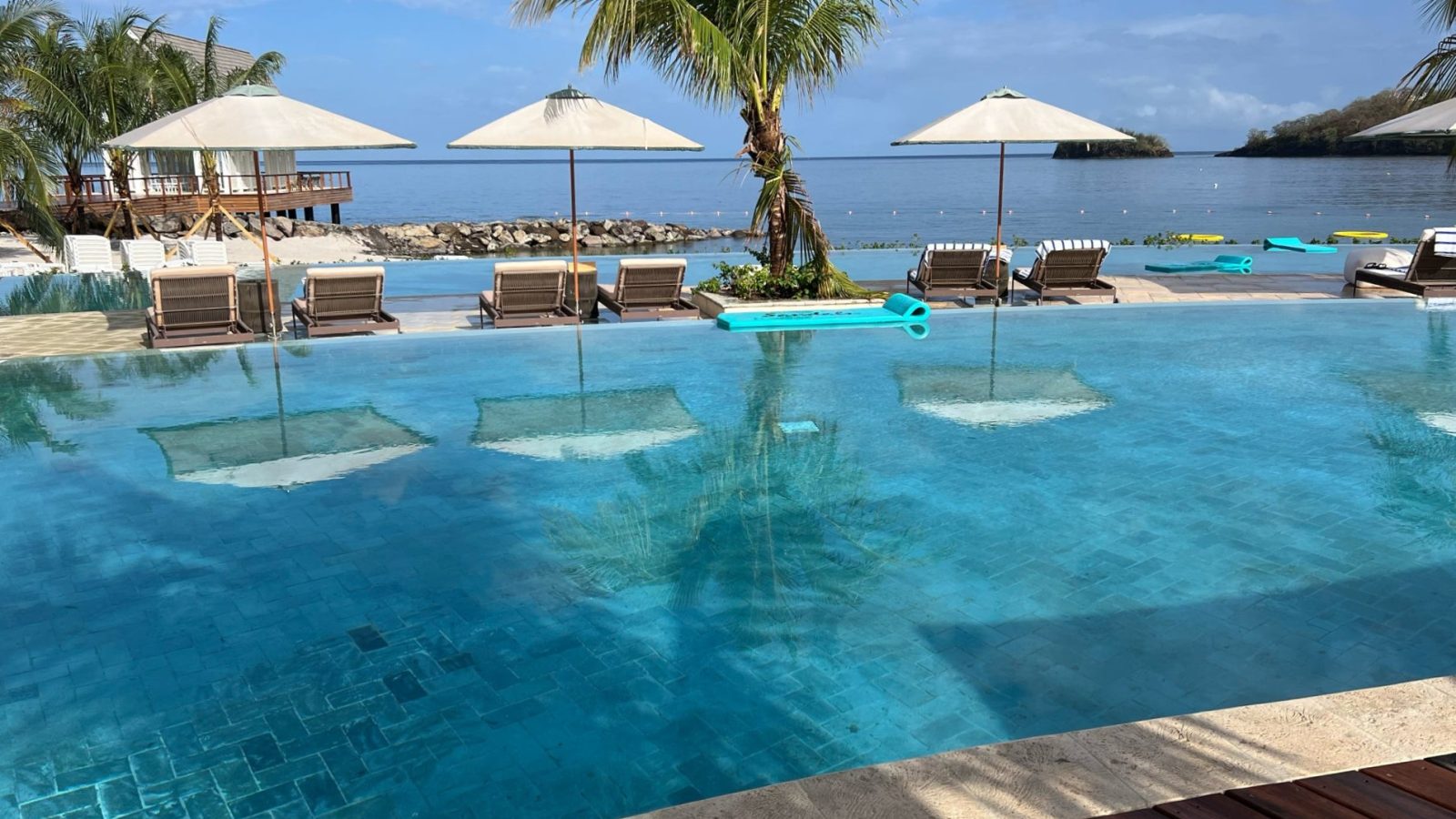 Infinity pool near the overwater villas at Sandals Saint Vincent, steps from the Vincy Overwater Two Story Villa (OWV)