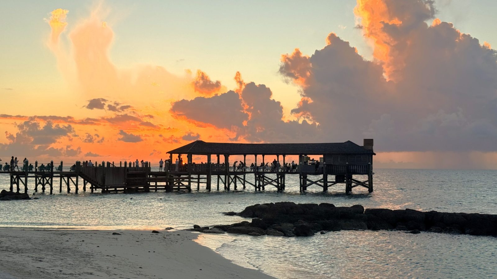Gordon's overwater restaurant at Sandals Royal Bahamian at sunset