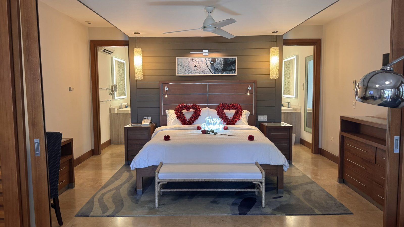 Sandals Montego Bay Romeo and Juliet Butler Suite bedroom with closet and spa bathroom access. The butlers knew it was my husband's birthday.